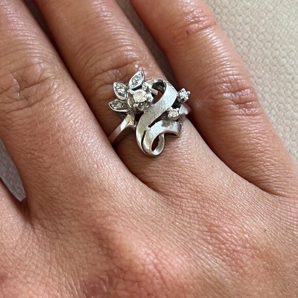 Antique Art Deco 14k White Gold Diamond Cocktail Ring Vintage Size 6 - Picture 4 of 7